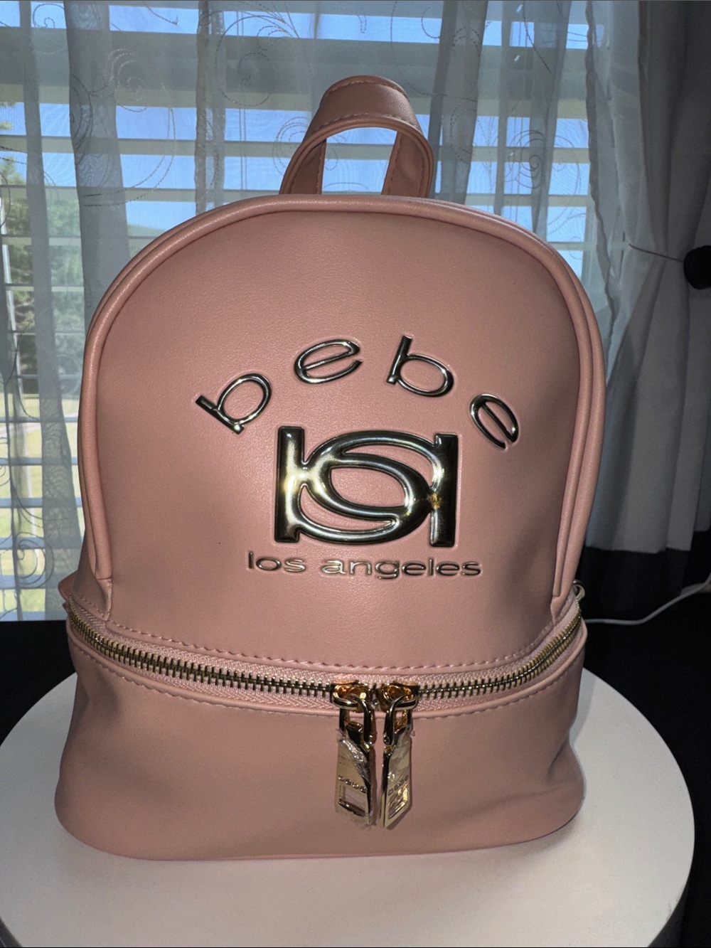 bebe Kayla Blush Pink Logo Mini Backpack with Gold Hardware